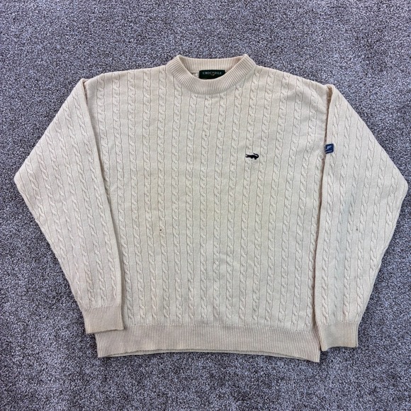 Crocodile Cable Knit Sweater Mens Large Ivory Cream 100% Wool Fisherman Knit - Picture 1 of 6